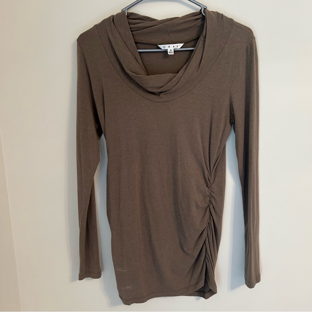 Cabi Lola Tee Brown Olive Green Draped Cowl Neck Ruched Sides Long Sleeve Medium - Picture 2 of 6